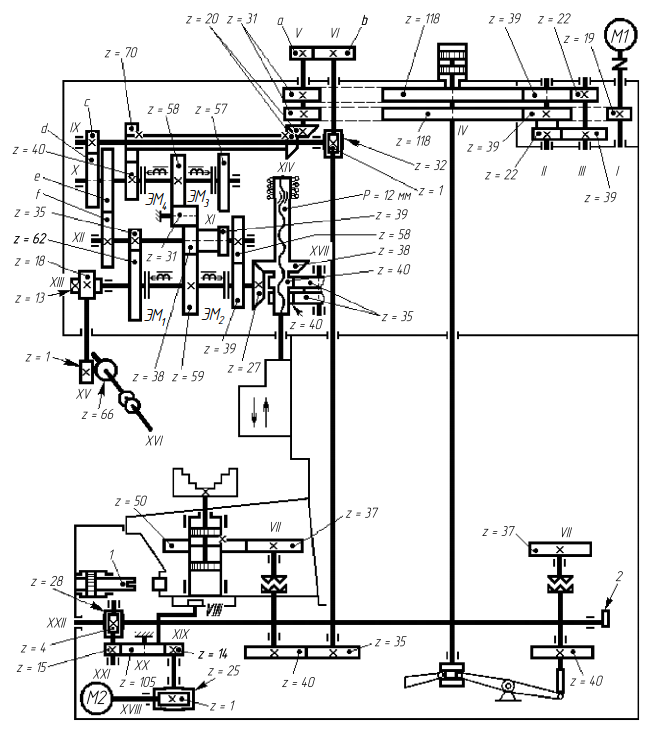 Кинематическая схема вертикального многошпиндельного токарного полуавтомата модели 1К285