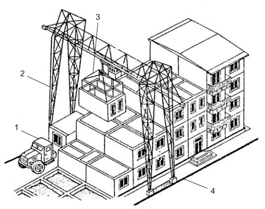 Монтаж зданий из объемных элементов с помощью козлового крана