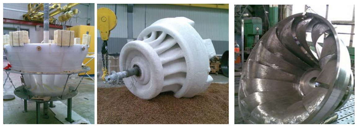 Рабочее колесо турбины: SLA-модель; оболочковая форма; отливка, полученная по технологии Quick-Cast 
