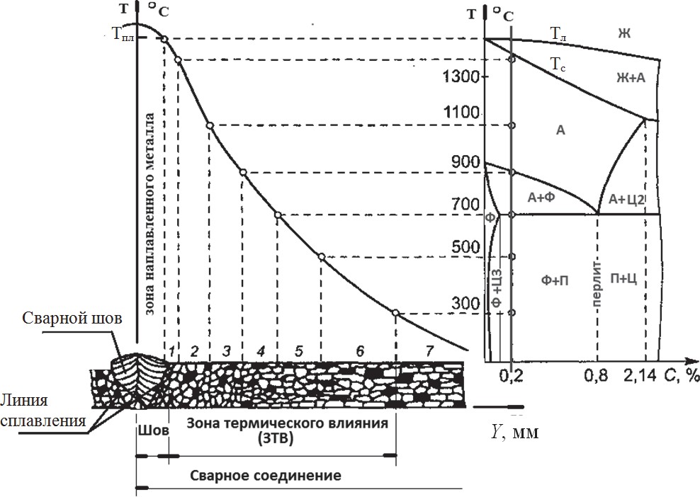 Схема строения зоны термического влияния сварного соединения