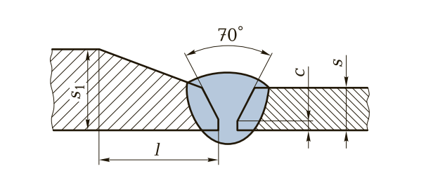 Стыковое соединение с V-образным односторонним скосом кромок при разной толщине деталей