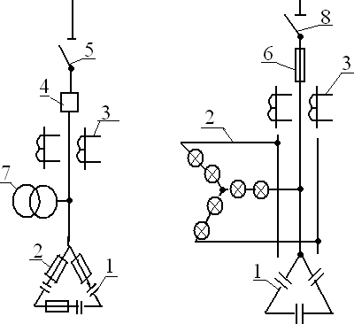 Схемы присоединения конденсаторных батарей через выключатель и через рубильник и предохранитель 