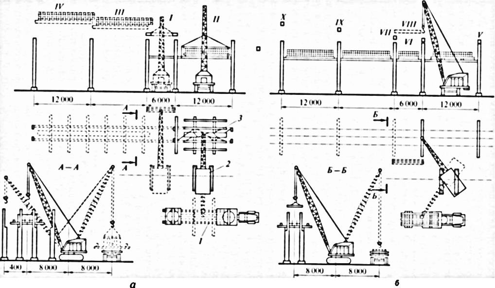 Схема монтажа комбинированных блоков на двухъярусной железобетонной эстакаде
