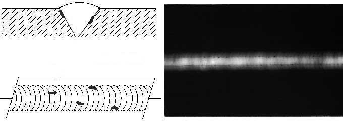 Изображение непроваров по кромкам на радиографической пленке