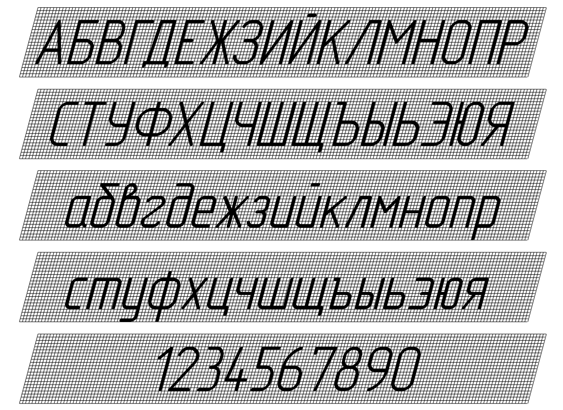 Начертания букв русского алфавита и арабских цифр шрифта с наклоном 